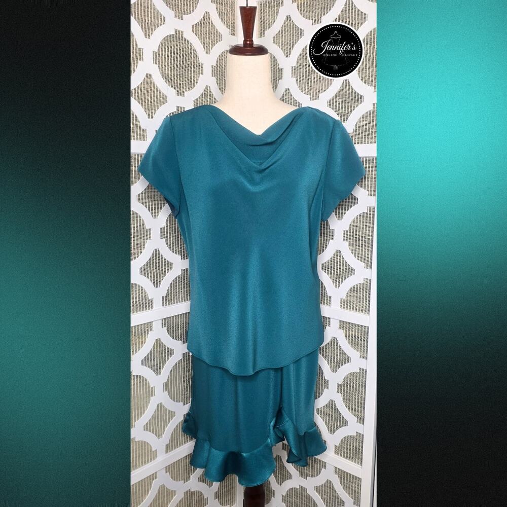 Donna Ricco Vintage Turquoise 2-Piece Cowl Neck Top and Flared Skirt Set Size 12